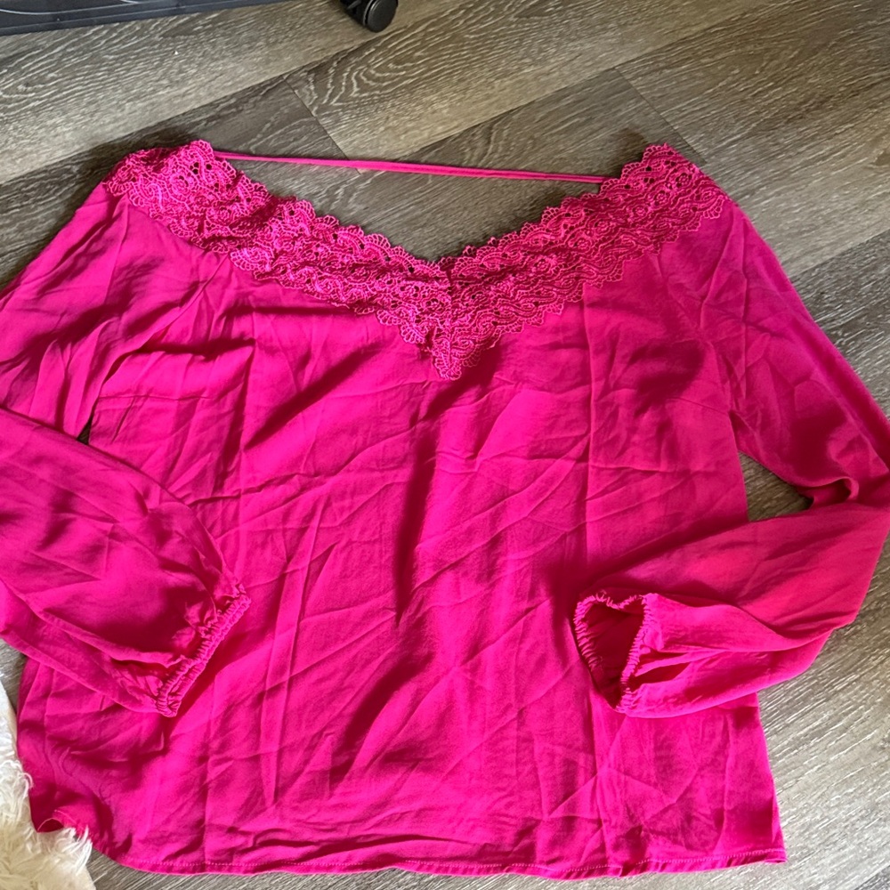 New York & Company Fuchsia Lace Detail Top